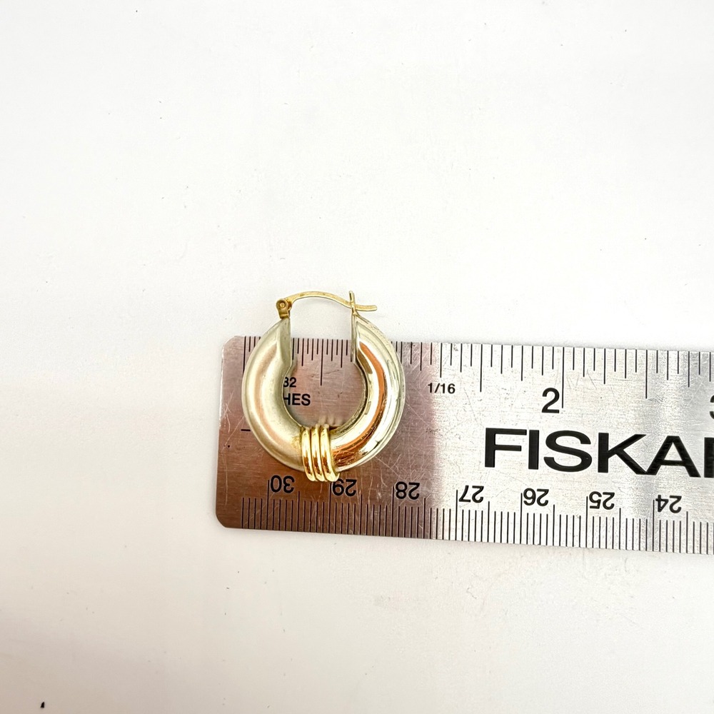 Womens Hoop Earrings 1.15" 14K Two-Tone Gold Chunky Tube White/Yellow Ribbed - Picture 11 of 16